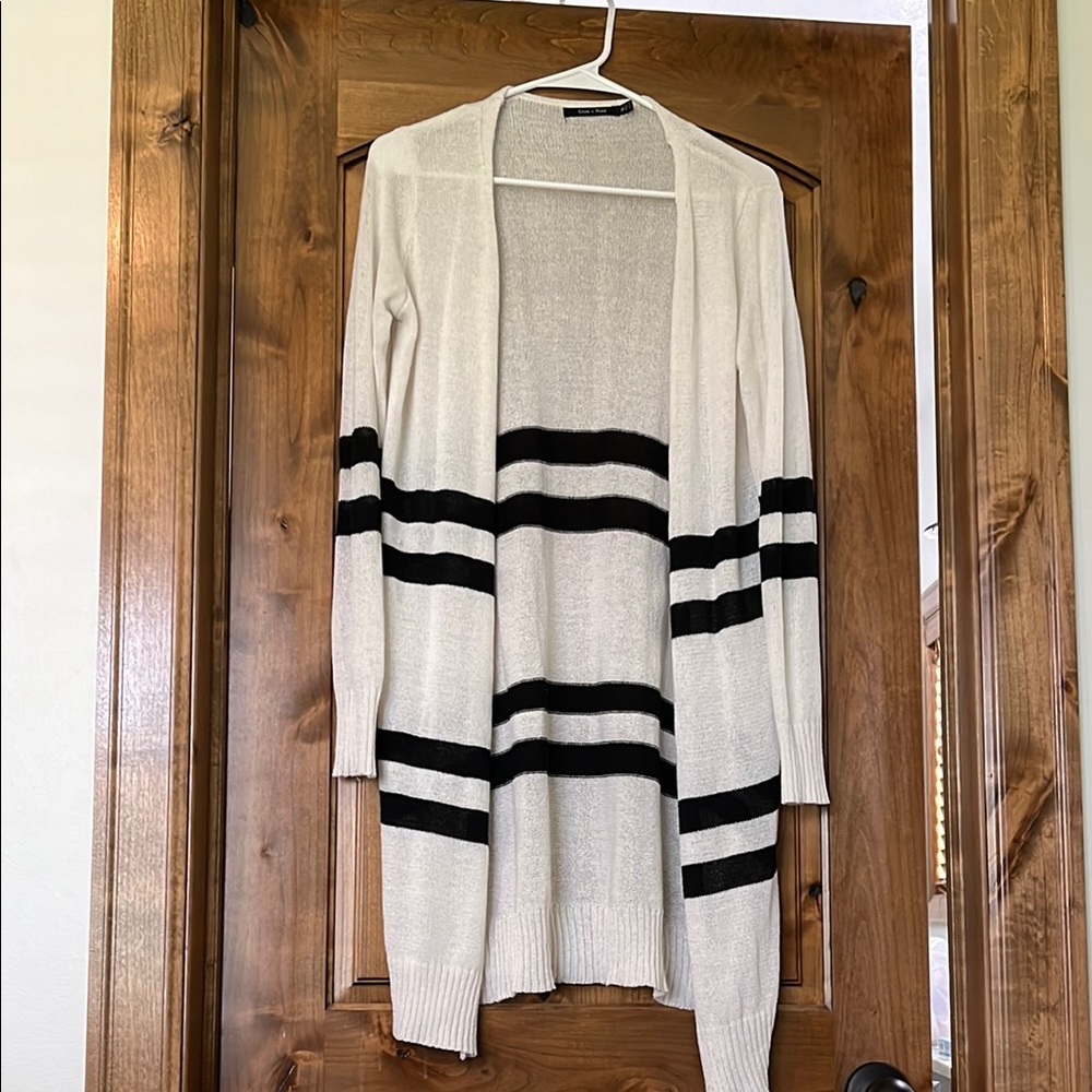 Women's Cream and Black Striped Cardigan Sweater